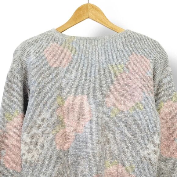 Vintage 80s Soft Silk and Angora Knit Blend Floral Animal Print Sweater Size M - Picture 3 of 7